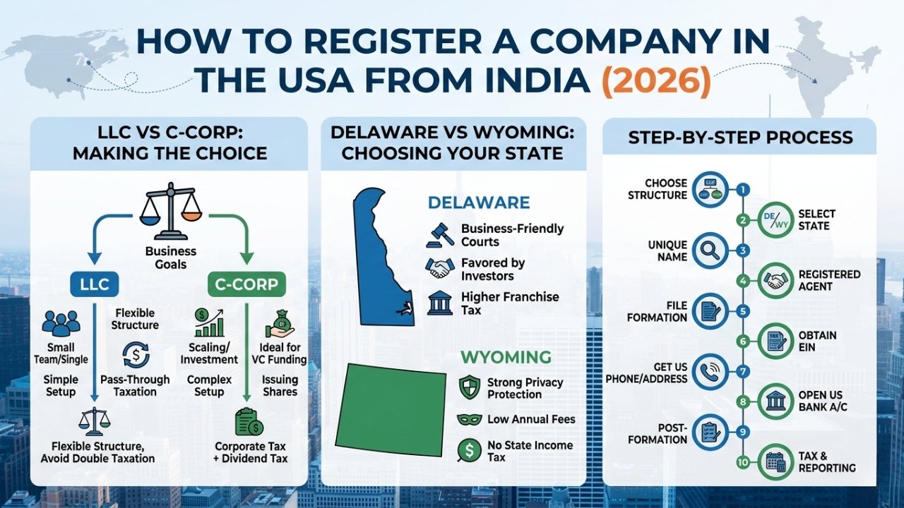 How to Register a Company in the USA from India — LLC vs C-Corp, Delaware vs Wyoming, Step-by-Step (2026)