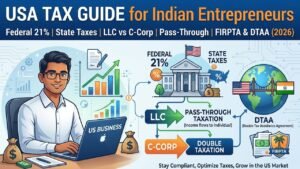 USA Tax Guide for Indian Entrepreneurs Federal 21%, State Taxes, LLC vs C-Corp, Pass-Through, FIRPTA & DTAA (2026)
