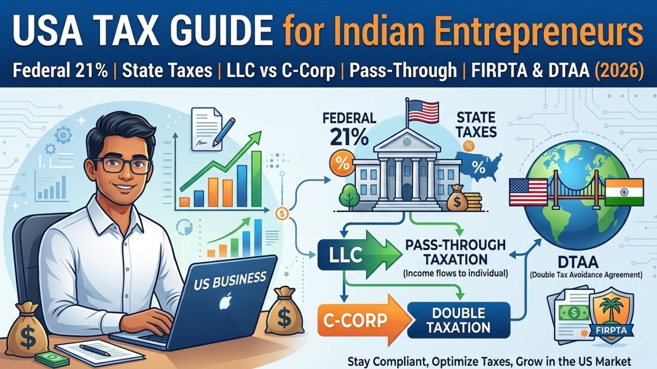 USA Tax Guide for Indian Entrepreneurs Federal 21%, State Taxes, LLC vs C-Corp, Pass-Through, FIRPTA & DTAA (2026)