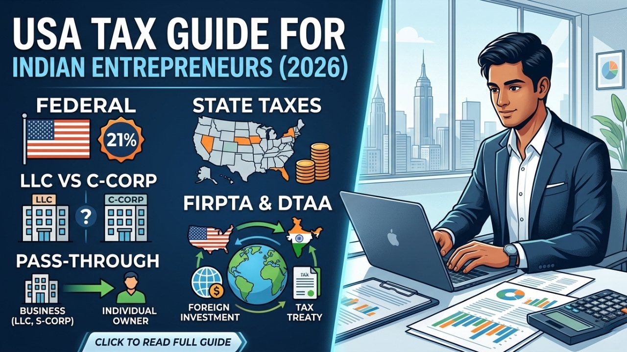 USA Tax Guide for Indian Entrepreneurs Federal 21%, State Taxes, LLC vs C-Corp, Pass-Through, FIRPTA & DTAA (2026)