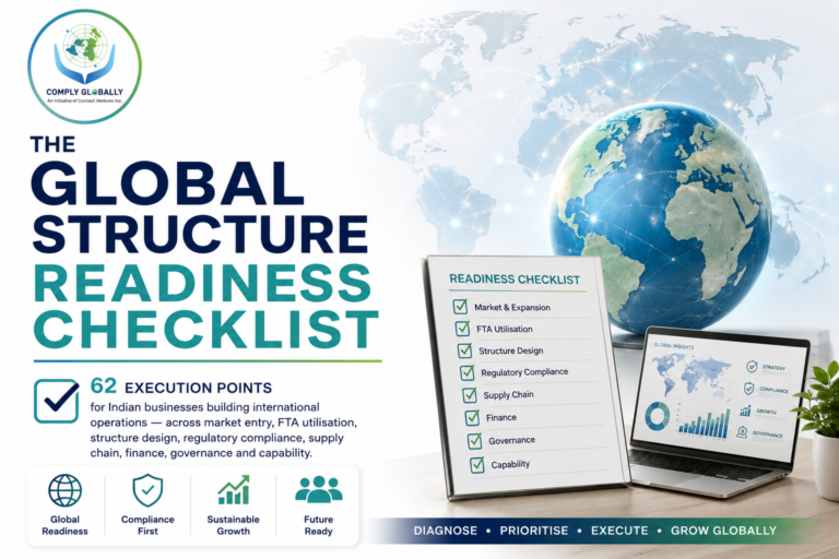 62 execution points for Indian businesses building international operations — across market entry, FTA utilisation, structure design, regulatory compliance, supply chain, finance, governance and capability.