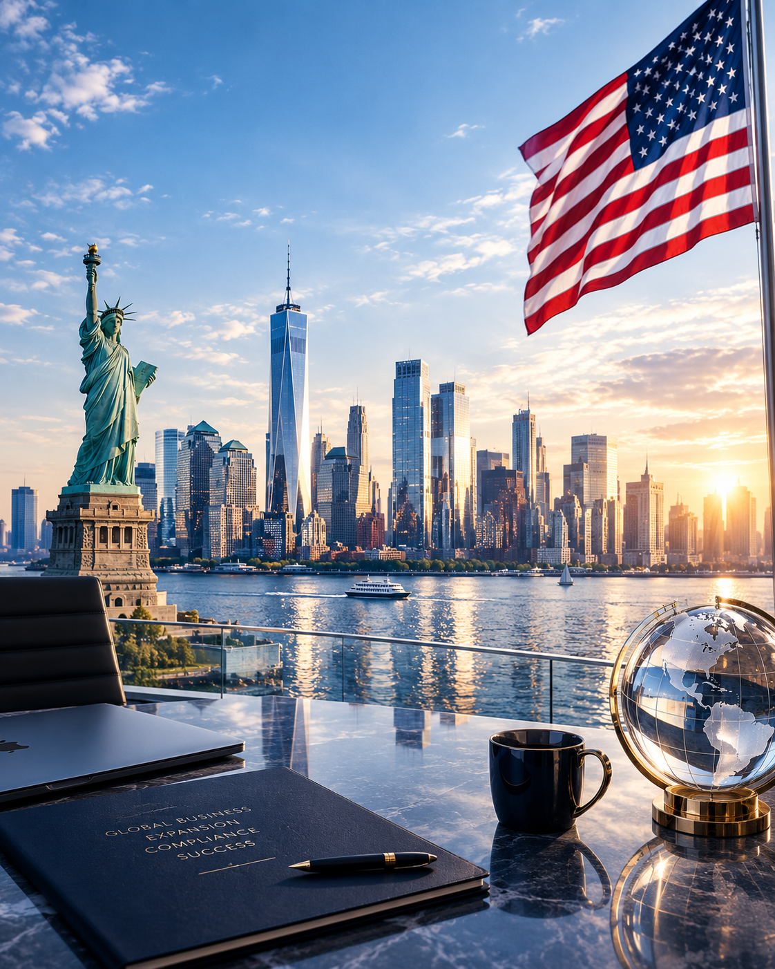 Office desk overlooking the New York skyline with a US flag