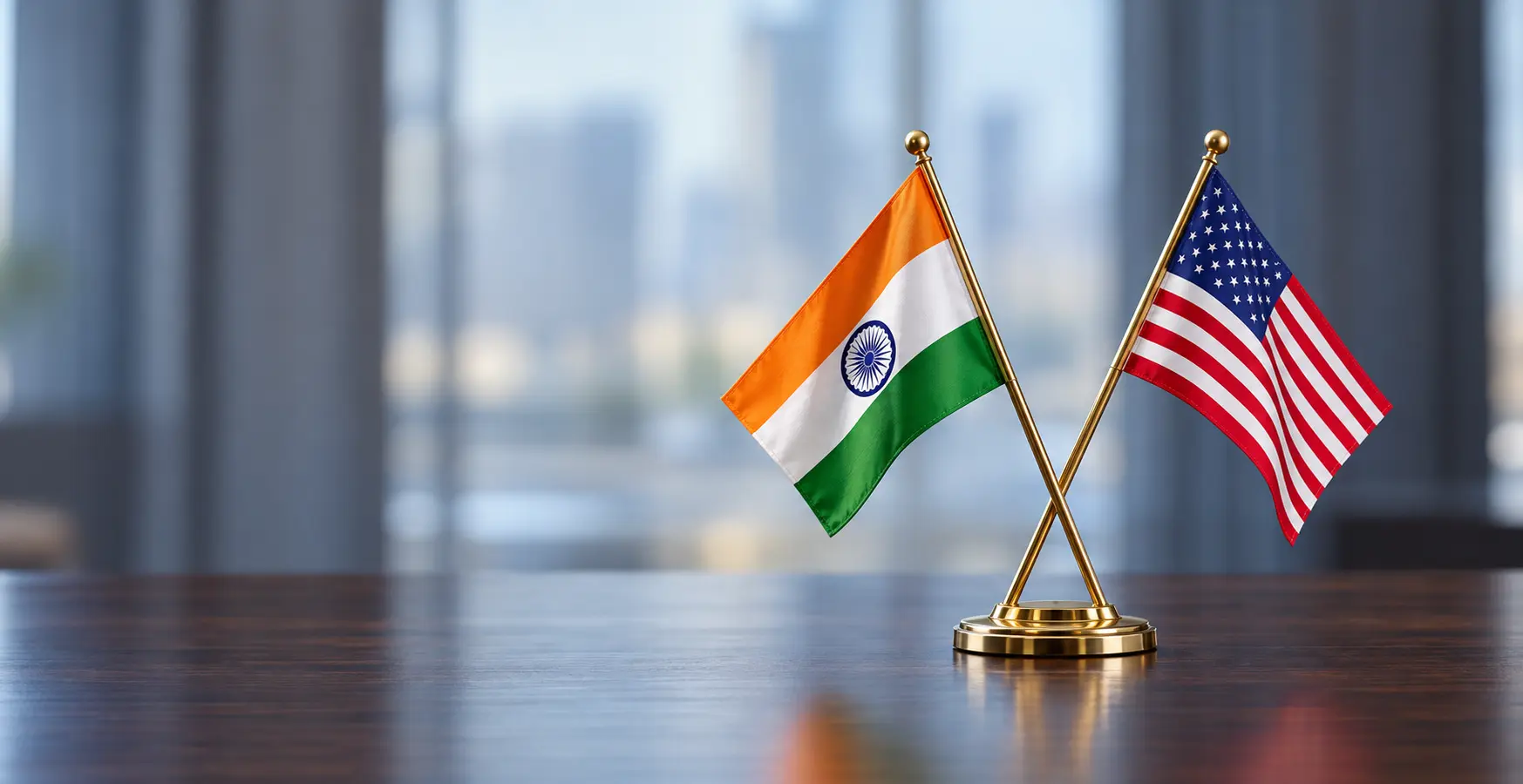 Indian and American flags side by side on a boardroom table