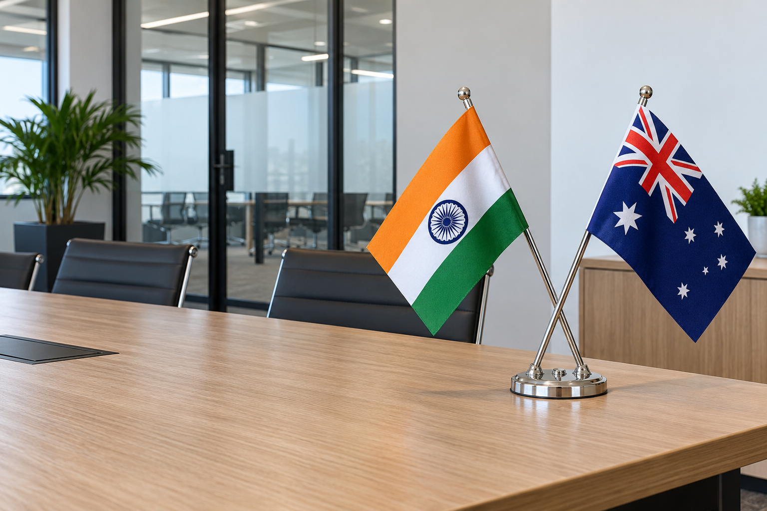 India and Australia desk flags in an office meeting room