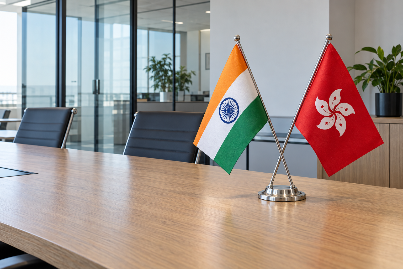 India and Hong Kong desk flags in an office