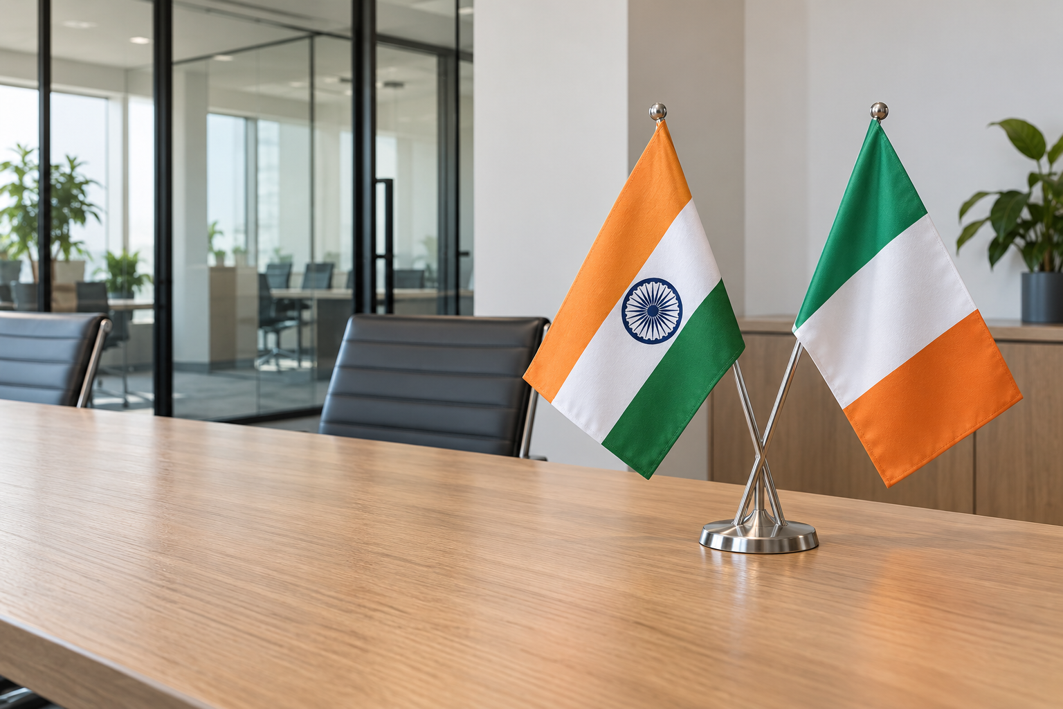India and Ireland desk flags in an office