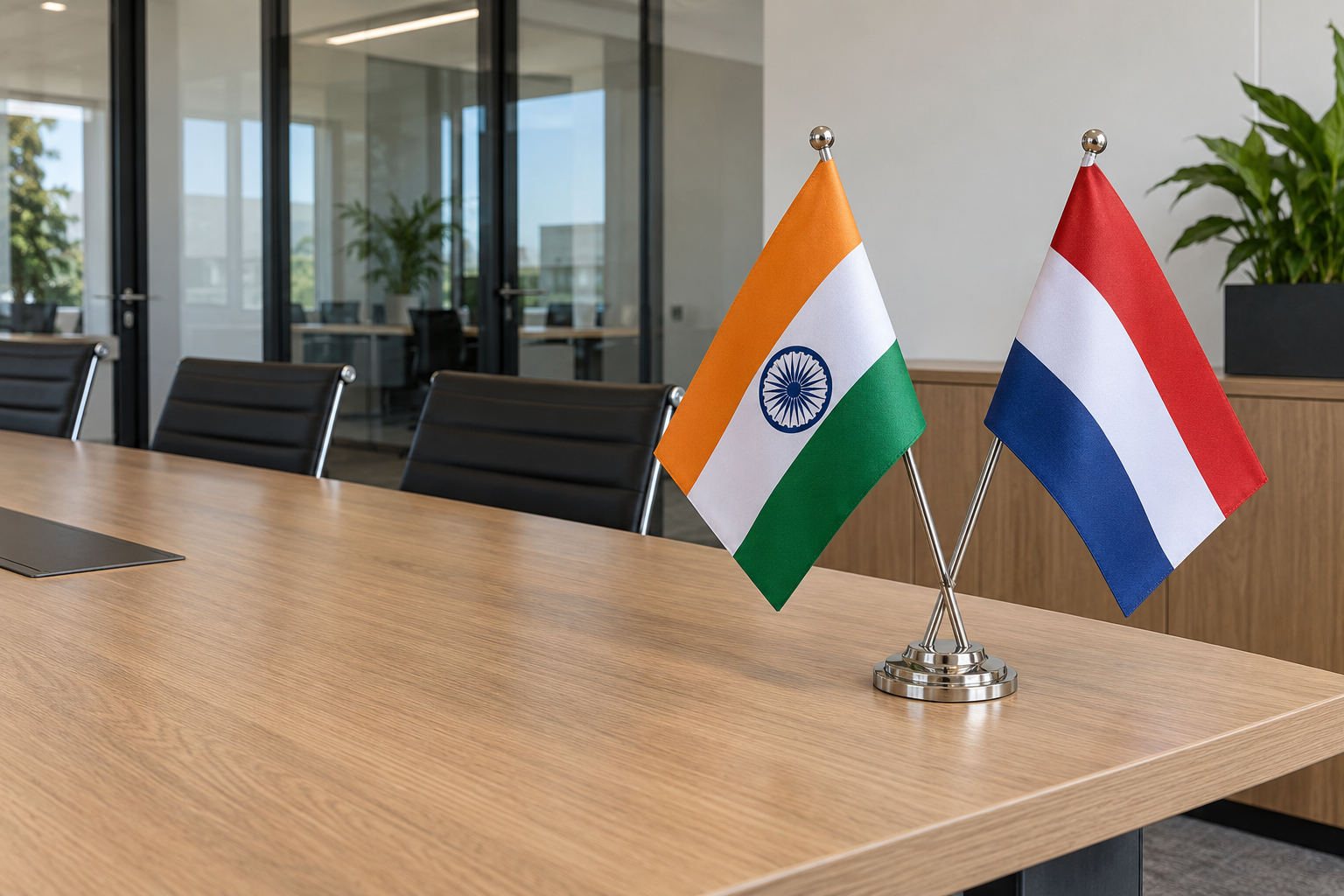 Crossed India and Netherlands desk flags in an office