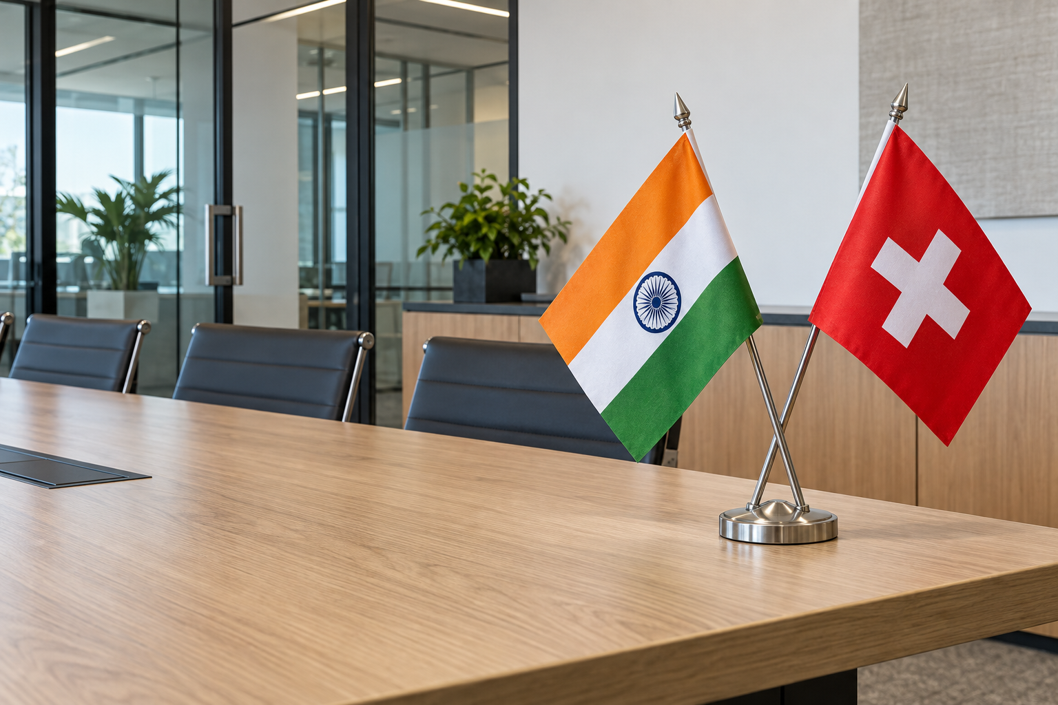India and Switzerland desk flags in an office