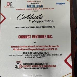 Business Connect certificate of appreciation presented to Connect Ventures Inc