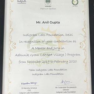 Indigram Labs Foundation certificate recognising Mr. Anil Gupta as mentor and jury
