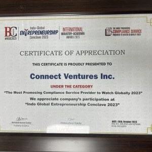 Certificate naming Connect Ventures Inc the most promising compliance service provider to watch globally 2023