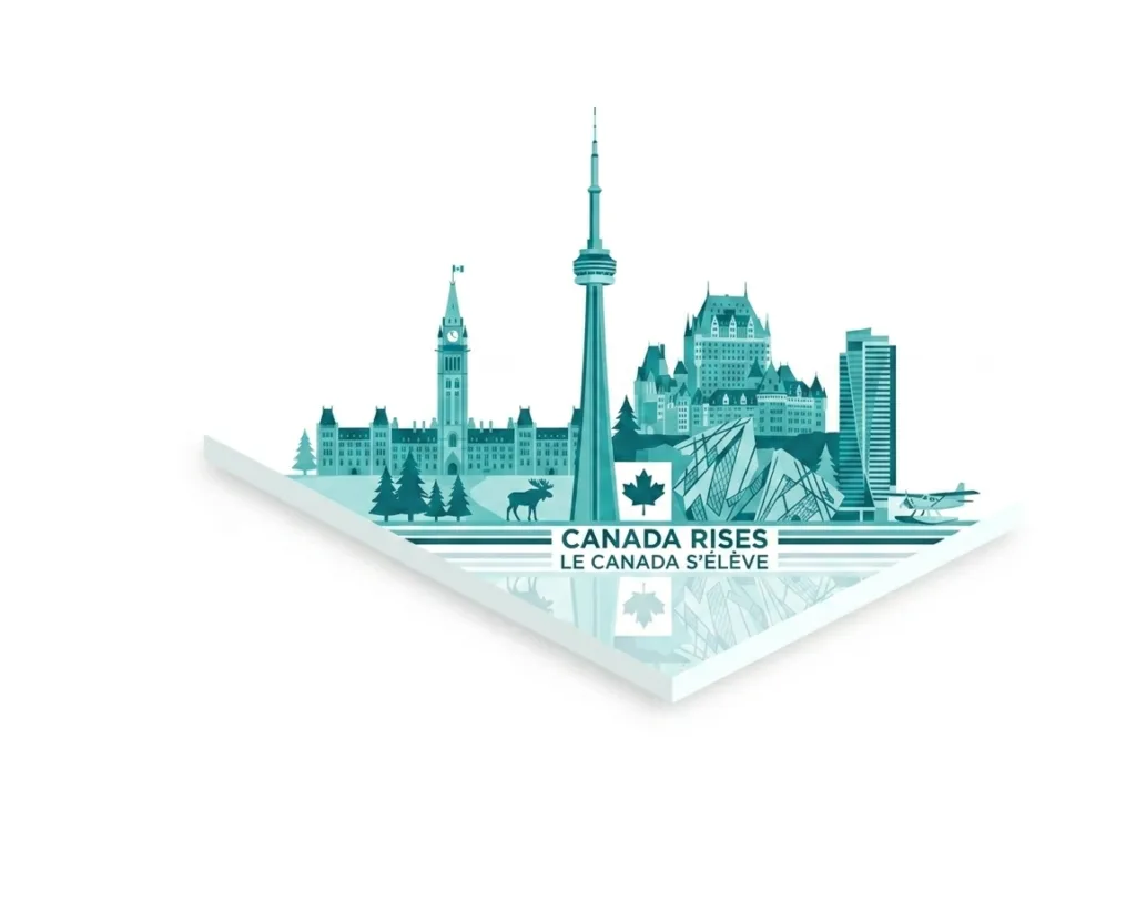 Illustrated Canadian skyline with Parliament Hill, the CN Tower and Château Frontenac
