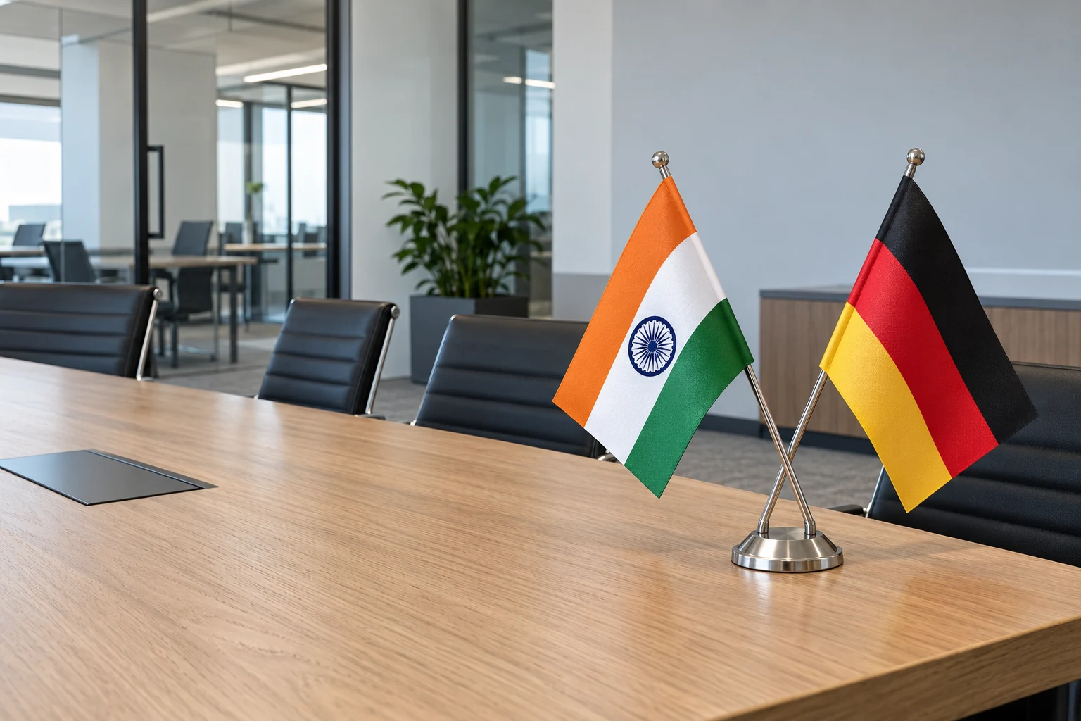 Crossed India and Germany desk flags in an office