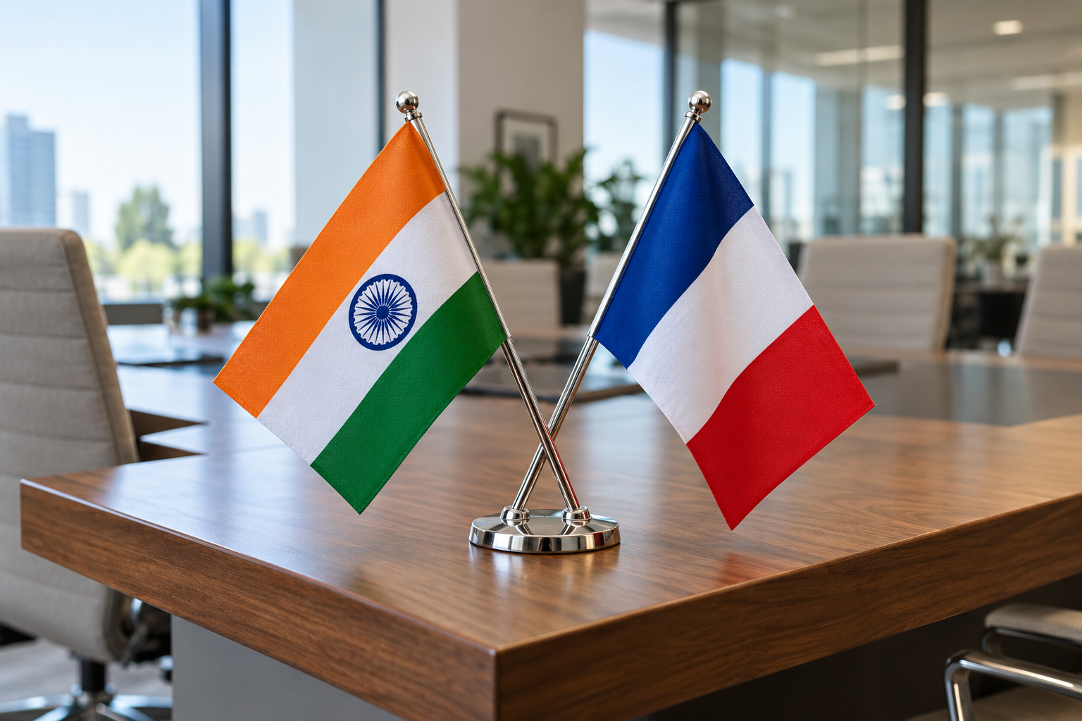 India and France flags crossed on an office desk