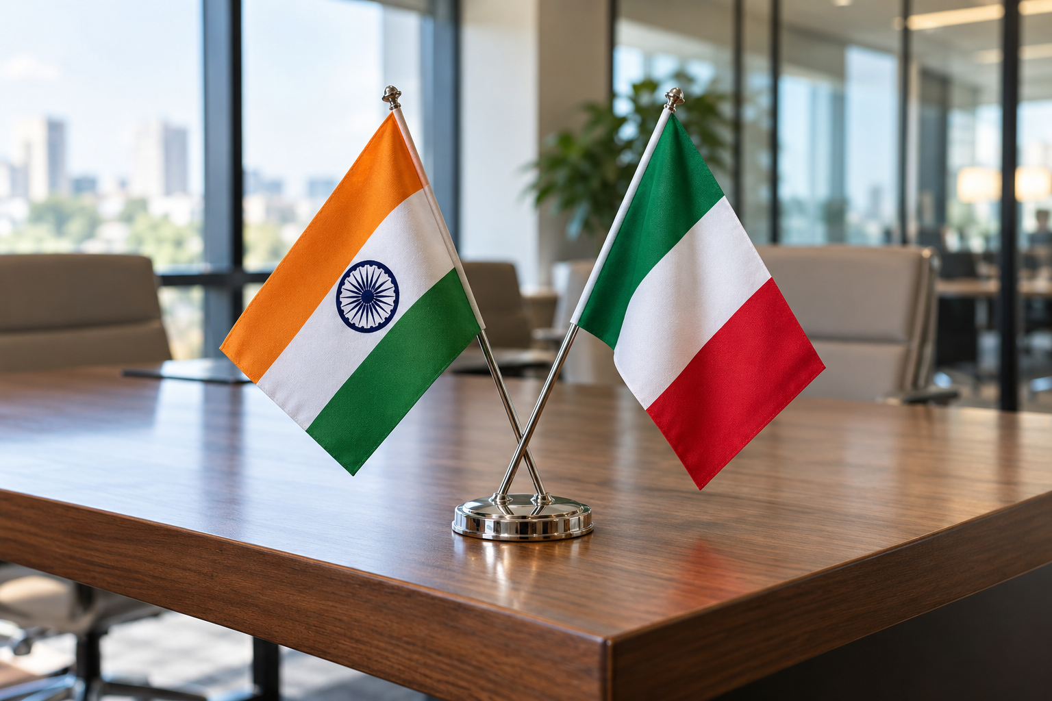 India and Italy flags crossed on an office desk