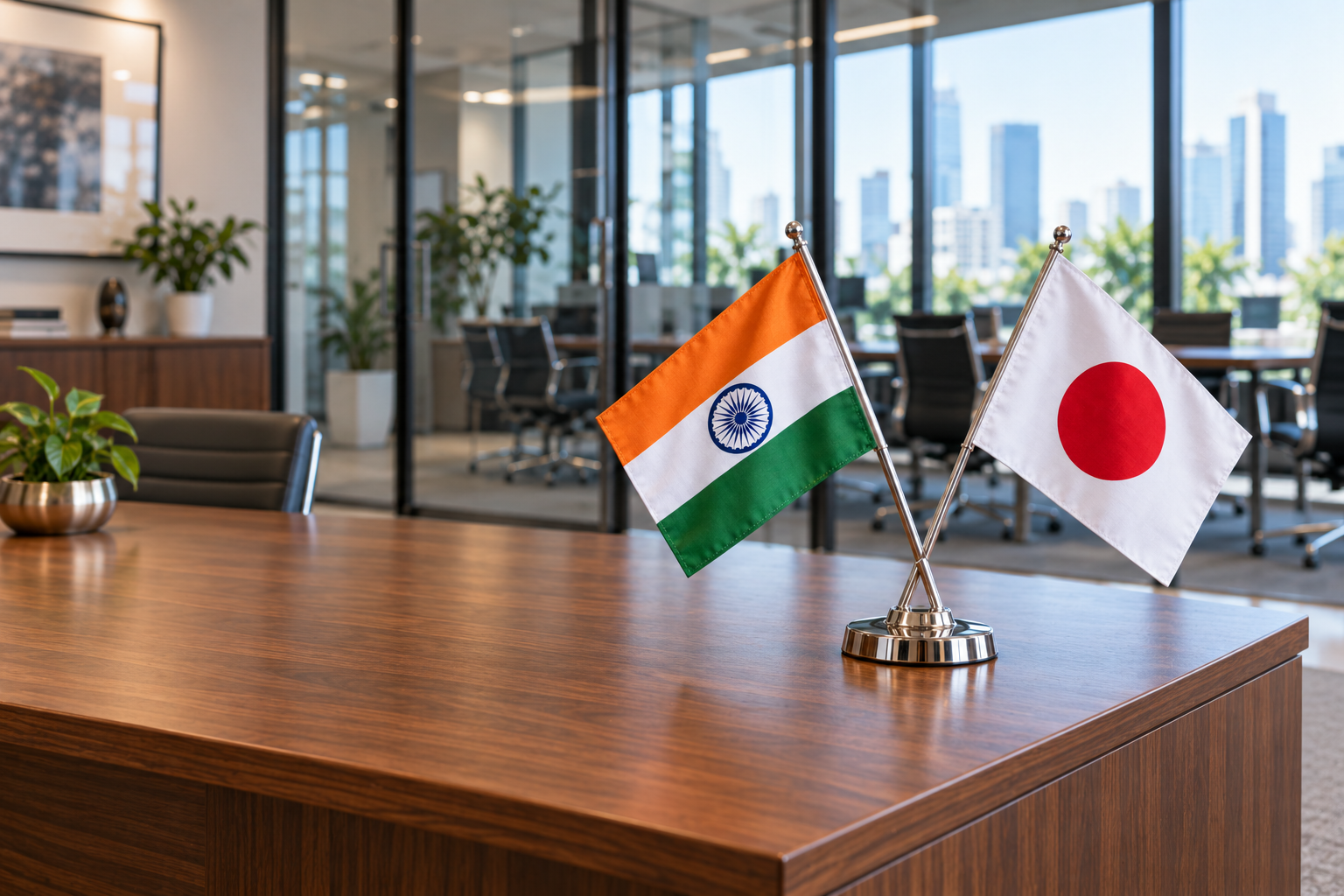 India and Japan desk flags on an office table
