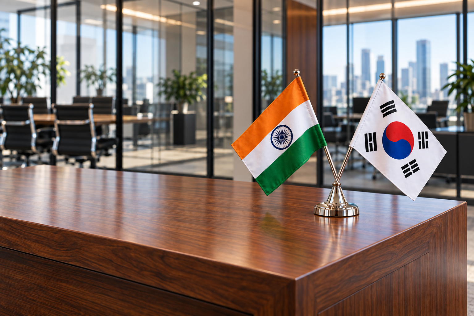 India and South Korea desk flags in an office