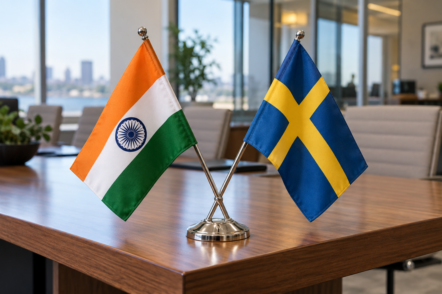 India and Sweden flags crossed on an office desk
