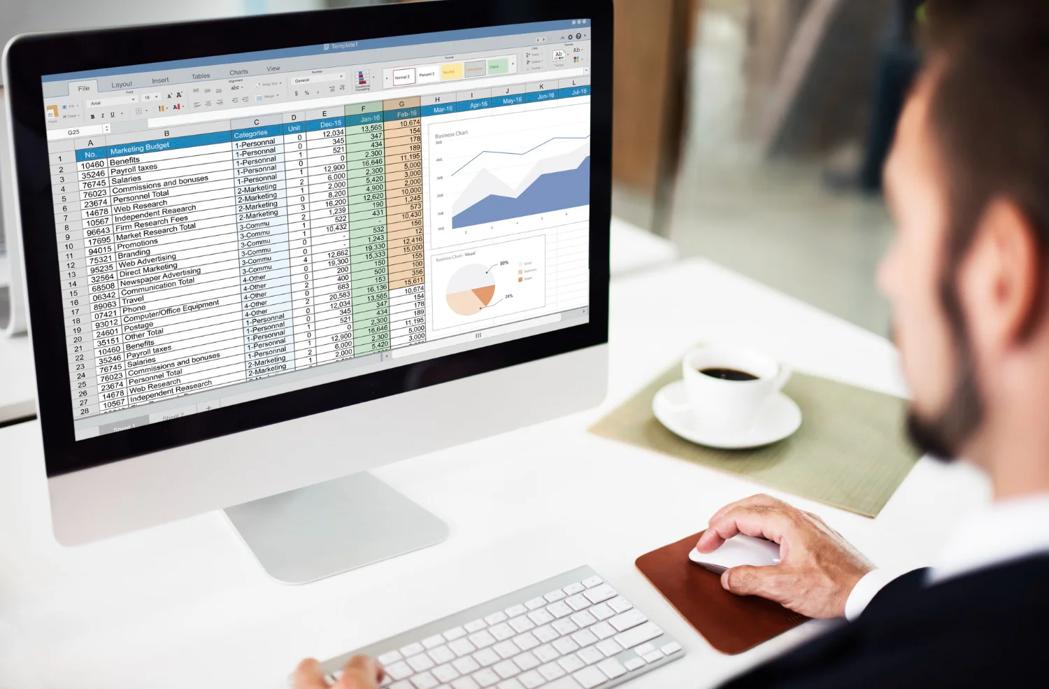 Founder reviewing a budget spreadsheet on a desktop screen